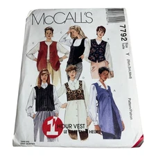 McCall’s 7792 Misses Lined Vest Pattern Size Y XS–M Uncut