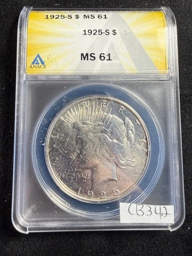 1925-S Peace SILVER Dollar ANACS MS 61 Uncirculated BU Better Date $1 cb342