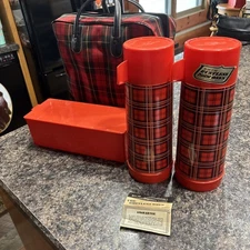 Vintage Aladdin Red Plaid Picnic Set with Carry Bag, Two Thermos and Lunchbox