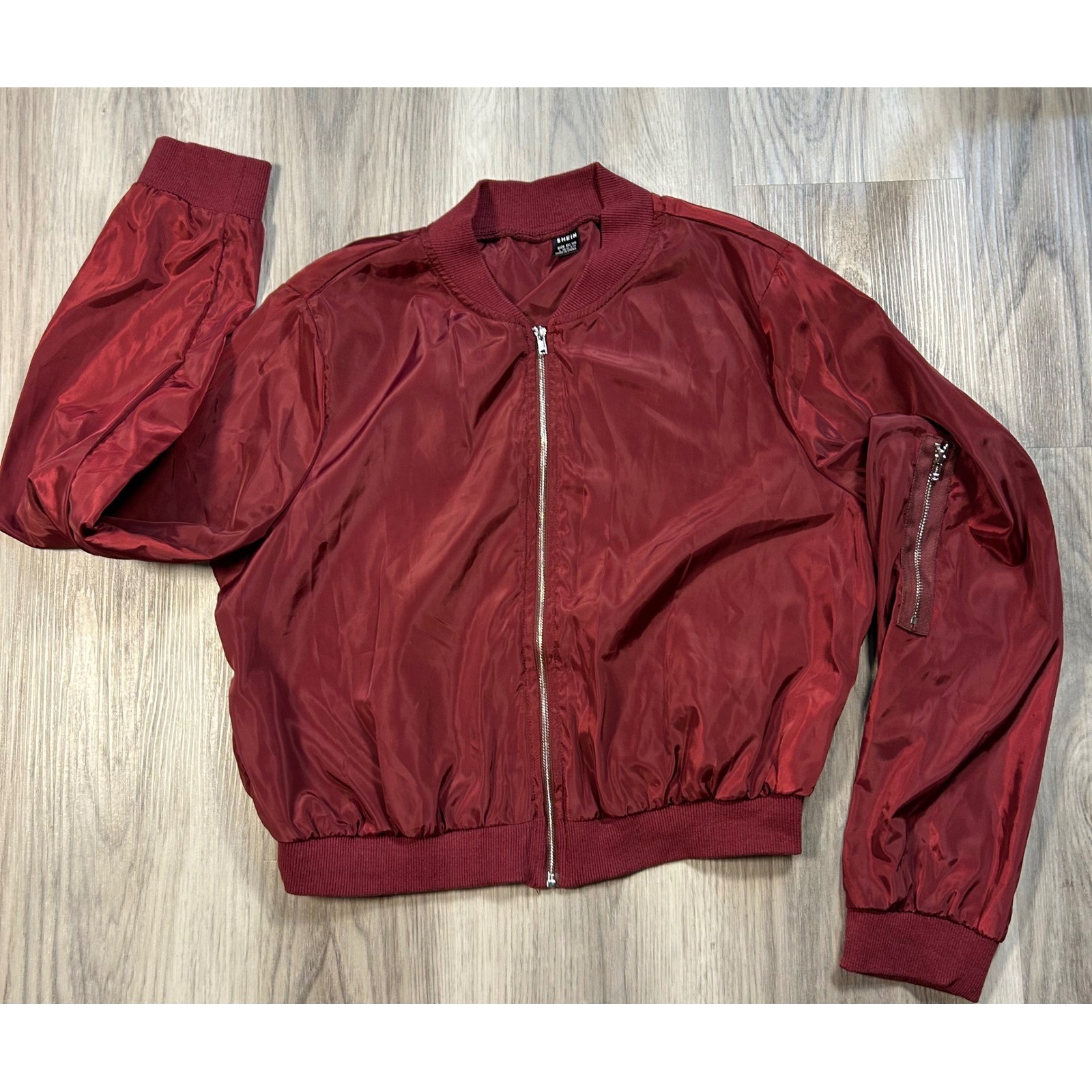 SHEIN Burgundy Red Bomber Jacket Full Zip Side Pocket Ribbed Cuffs Womens Size L