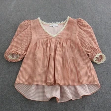 Hunter Bell Blouse Womens Medium Orange Gingham V-Neck Puff Sleeve Lace Trim