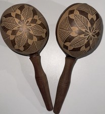 Hand Made Gourd Maracas Cuban Folk Art Carved Vintage Musical Instrument