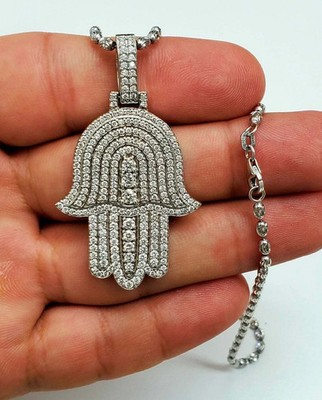Hamsa Hand Charm 1.00 Ct Round Cut Moissanite Pendant 14K White Gold Plated