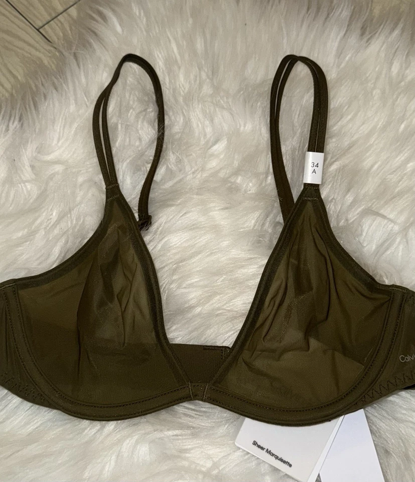 Sujetador de inmersión sin forro Calvin Klein QF6727 Sheer Marquisette para mujer 34A verde nuevo Foto 3 de 4