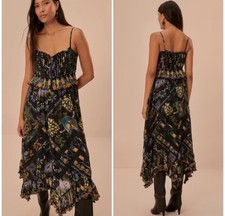 FARM Rio Winter Garden Black Pleated Lace Sleeveless Midi Handkerchief Hem Dress