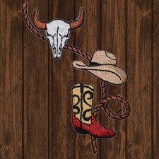 Cowboy Western Rope, Boot, Hat, and Bull Head Skull - Embroidered Patch Iron
