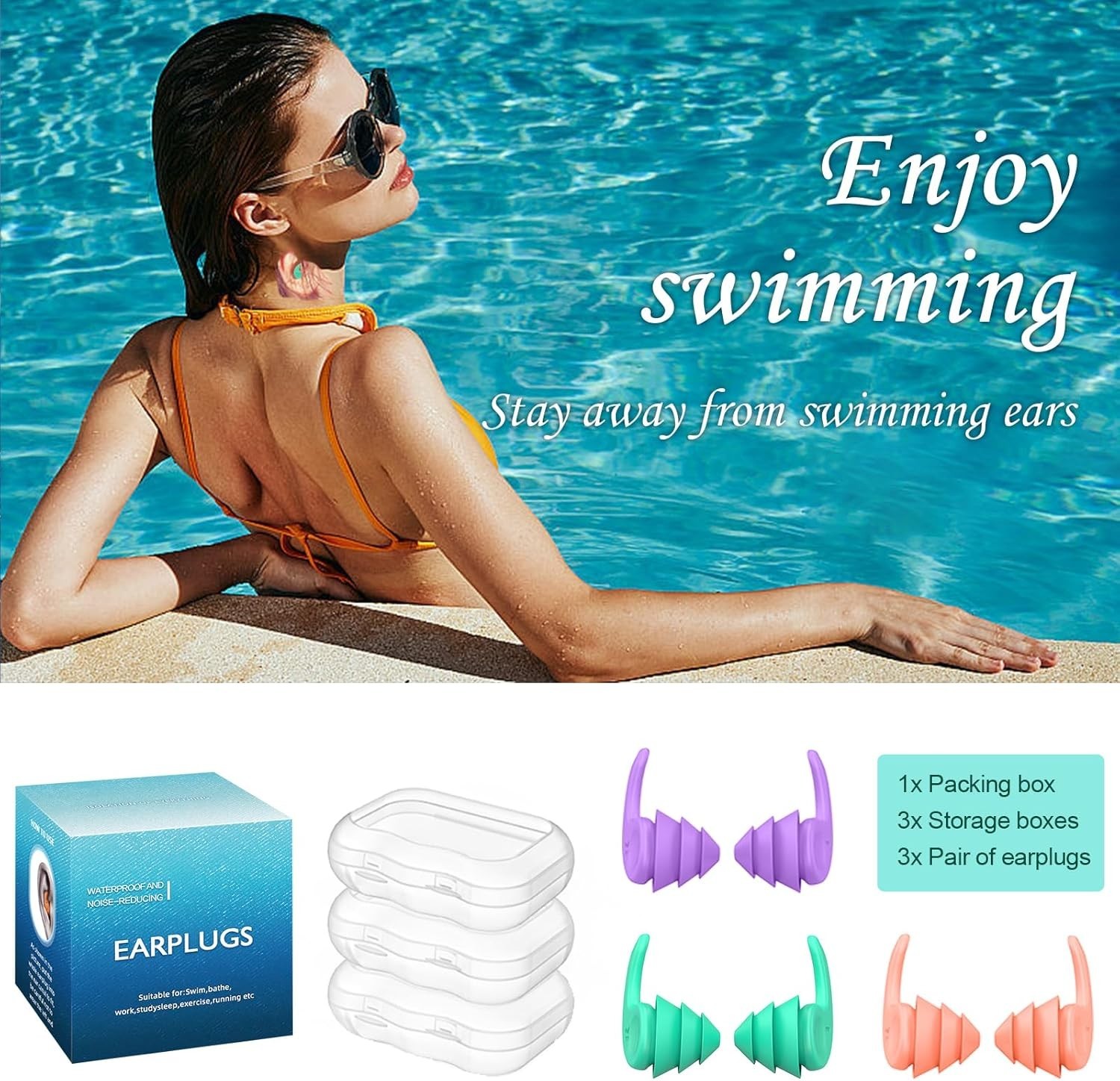 Lightweight Silicone Ear Plugs for Swimming, Surfing & Snorkeling - 3-Pair Set