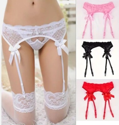 Sexy Damen Spitze Schleife Strumpfbänder Strumpf Strapsgürtel UK 8-12/14 S-L