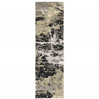 0.6m X 2.4m Schwarz Gold Grau Und Elfenbein Abstrakt Power Webstuhl Wasserfest
