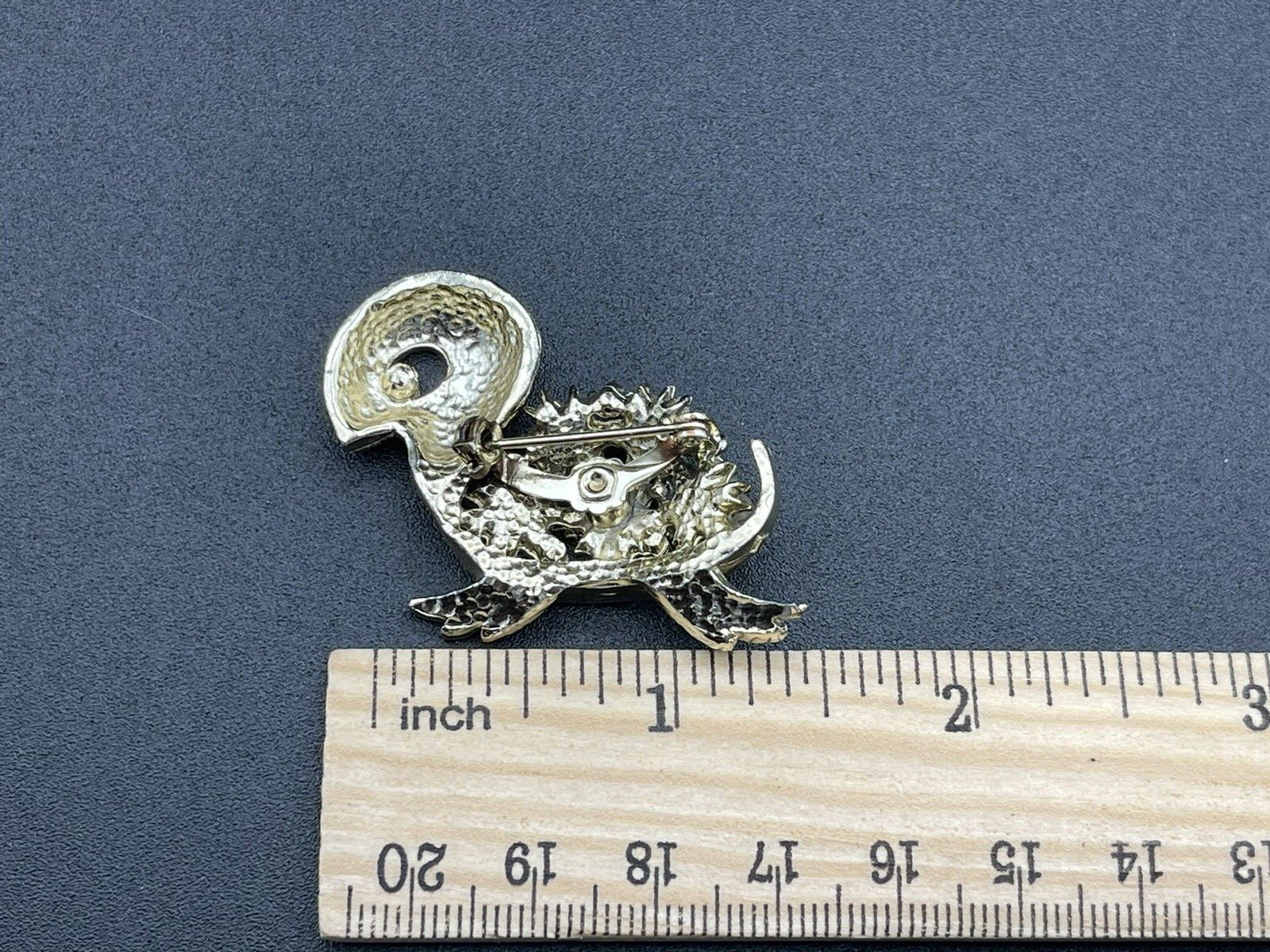 Vintage Gold Tone Duck Figural Pin Green Rhinestone Eye Faux Pearl Feathers