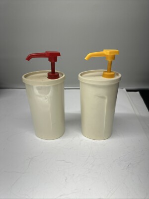 Set of 2 Vintage TUPPERWARE Pump Dispensers Ketchup Mustard 640 1553 Camping RV