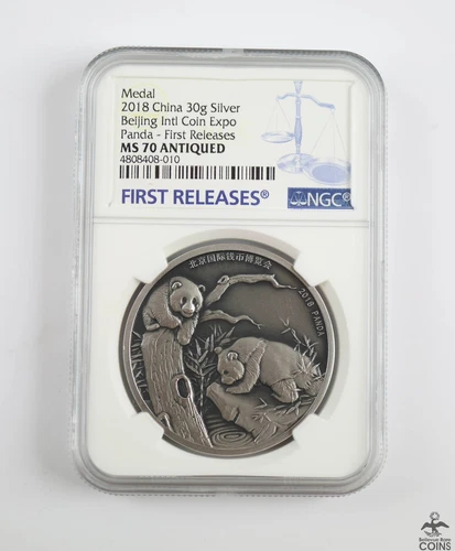 2018 China Beijing Int'l Coin Expo .999 Silver 30g PANDA Medal NGC MS70 Antiqued