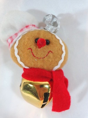 Gingerbread Man Christmas Ornament 4.5'' Plush Head Large Gold Sleigh Bell 