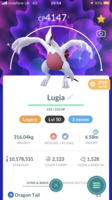 Pokémon Trade Go Level 50 - Glänzende Lugia mit 3 Moves mit Legacy Move Aeroblast