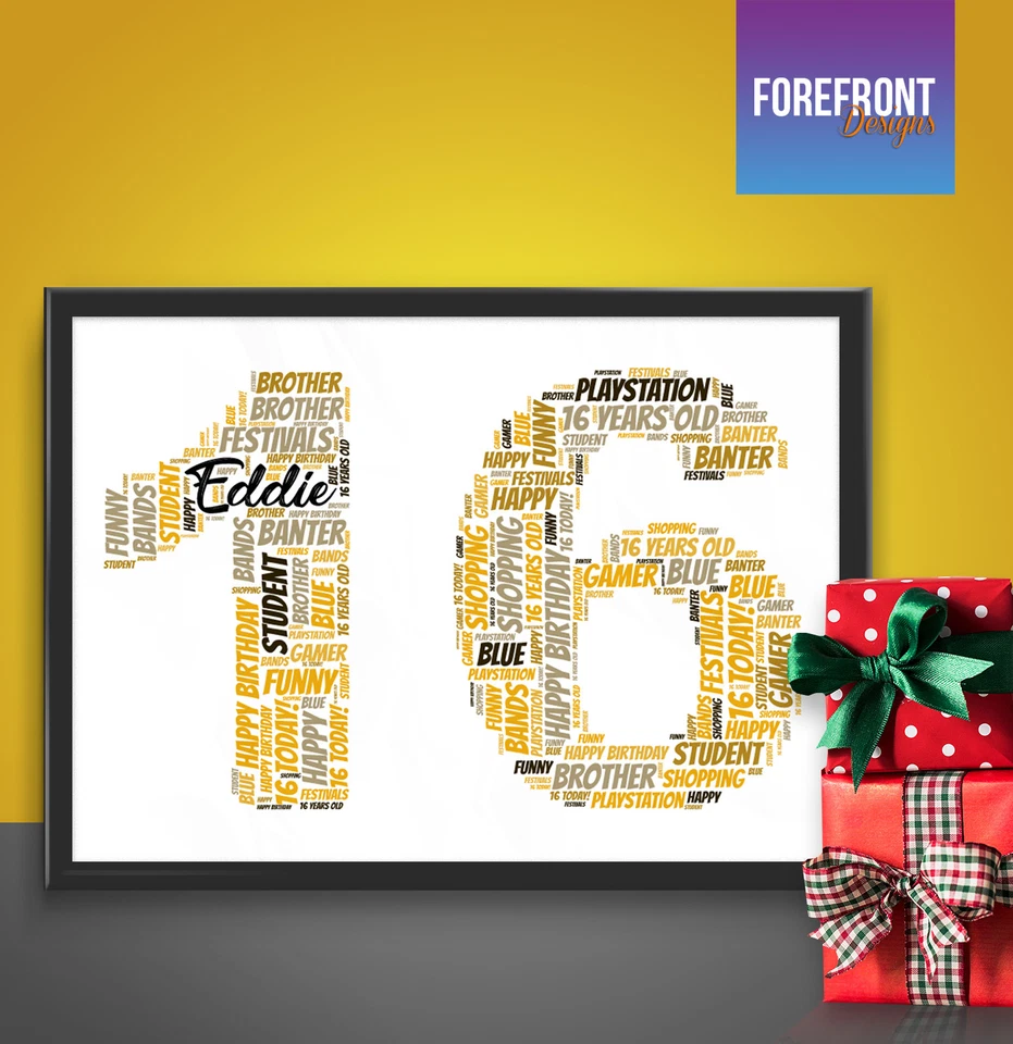 FOREFRONTDESIGNS Personalised word art print - perfect 16th birthday/anniversary gift A4/A3