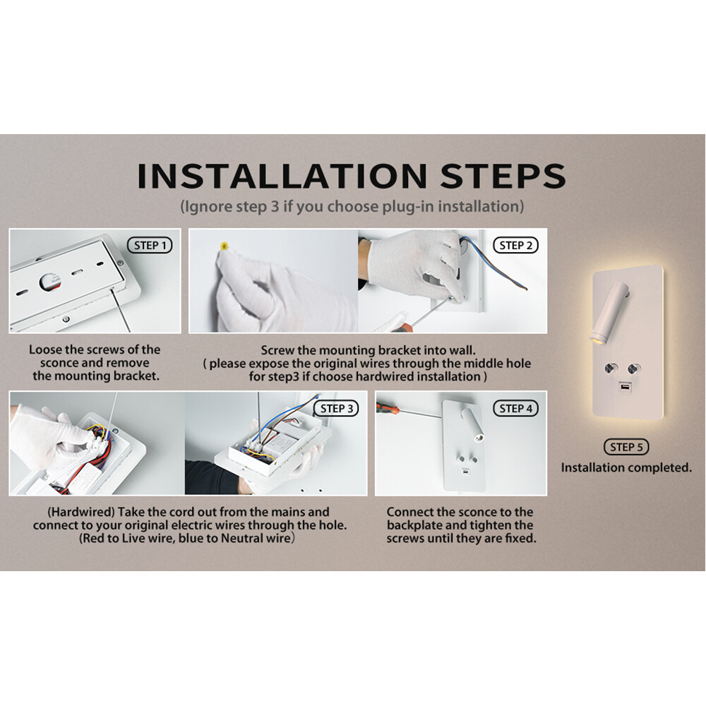 Plug in LED Wall Sconce Backlighting Dimmable Reading Spot Bedside Lamp ...