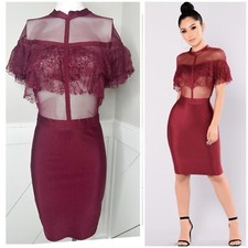 FASHION NOVA BURGUNDY LACE SEE THROUGH BODYCON DRESS-NWT- MEDIUM 