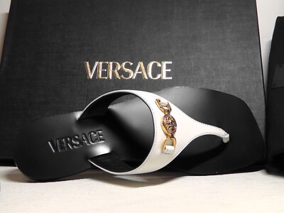 VERSACE Women's Medusa WHITE/BLACK Leather Thong Slide Sandal Size 9 US **$675