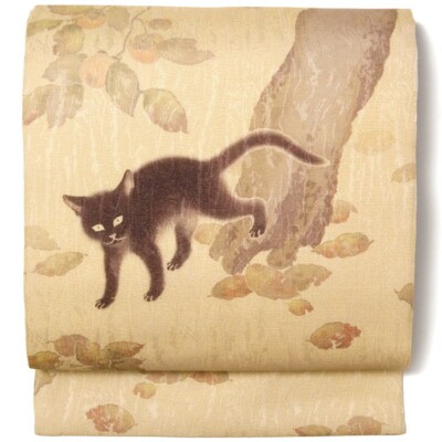 Nagoya obi Ito Persimmon and Cat b Shunso Hishida Women's Kimono Japanese ART
