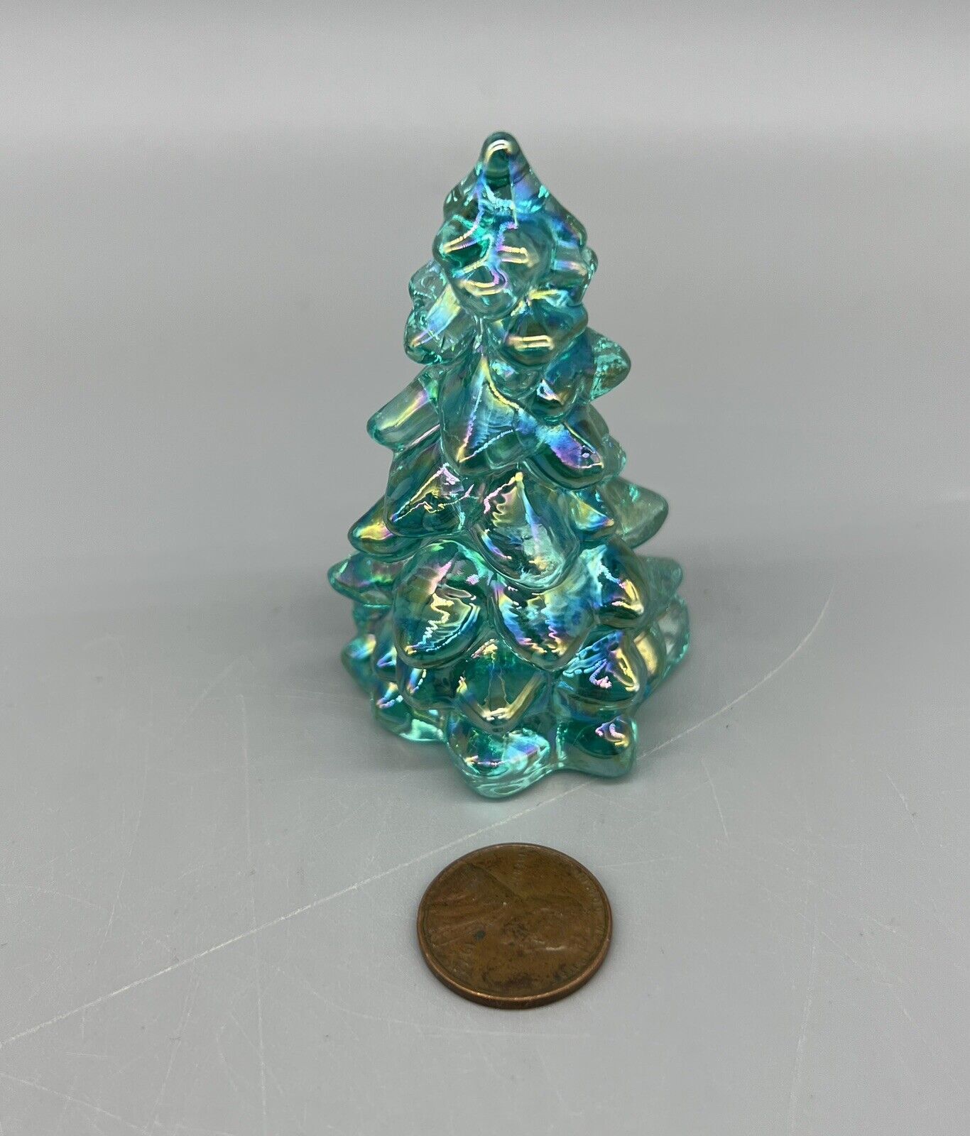 Christmas Holiday Tree 2.75”  Teal Carnival Glass Mosser USA Medium