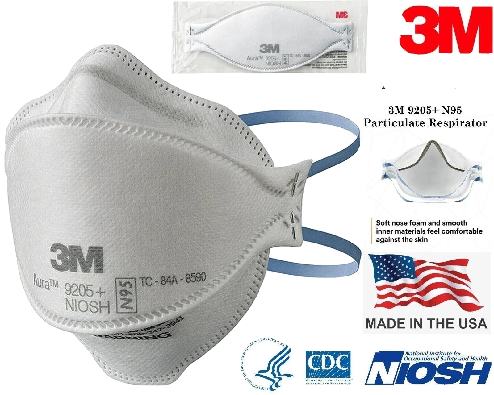 100 PACK 3M 9205+ AURA N95 NIOSH Approved Particulate Respirator Face Masks USA