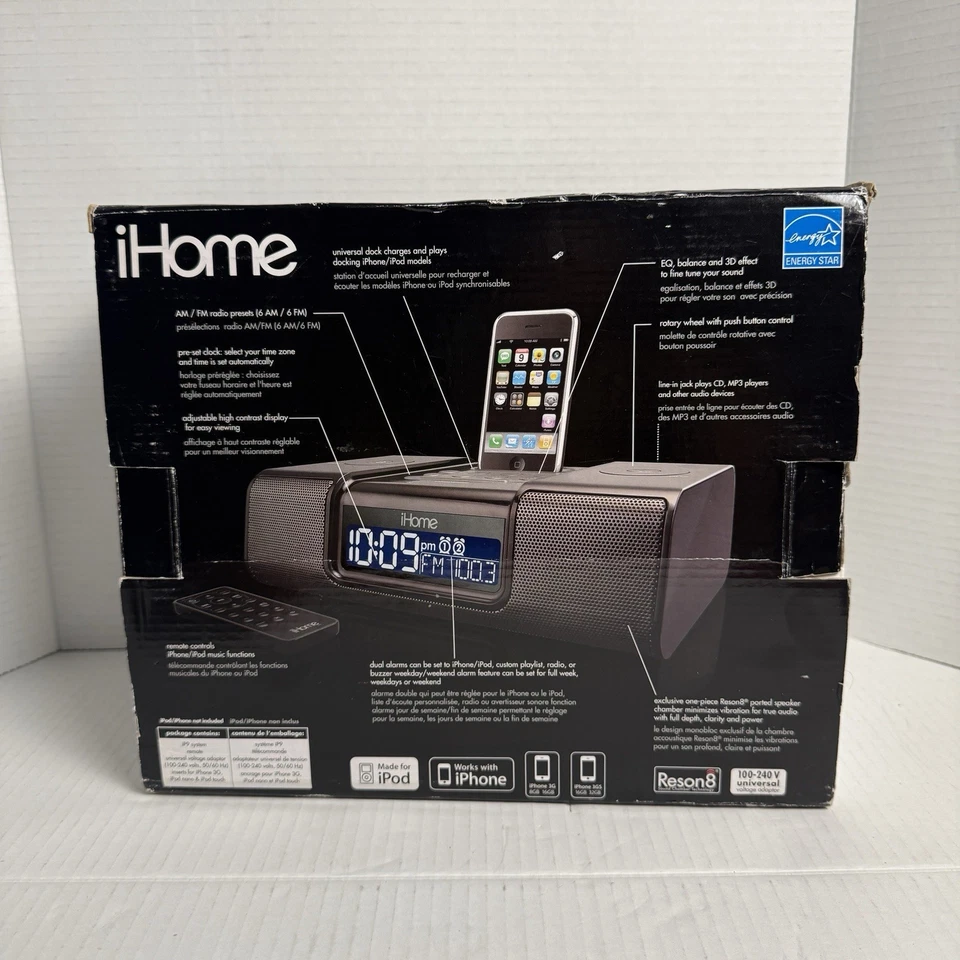 iPod Iphone Ihome IP9 Dock Wake Sleep AM FM Radio Presets Negro Casi Como Nuevo-Probado Foto 3 de 4