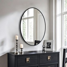 2-Size Black Oval Wall Mirror Modern Slim Aluminum Frame for Bathroom Bedroom