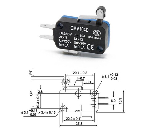 20pcs CMV104D Small Micro Limit Switch Silver Contact Short Pully Type 1NC 1NO - Afbeelding 3 van 4