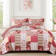Floral Patchwork Quilt Set King Size - 3 Pcs Red Rose Plaid Bedspread, Lightweig