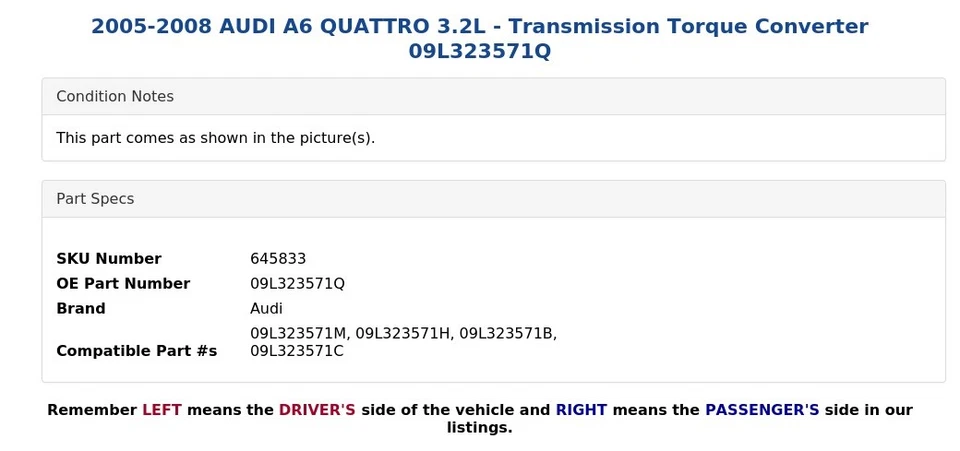 AUDI A6 QUATTRO 2005-2008 3,2 L - Convertidor de par de transmisión 09L323571Q Foto 3 de 4