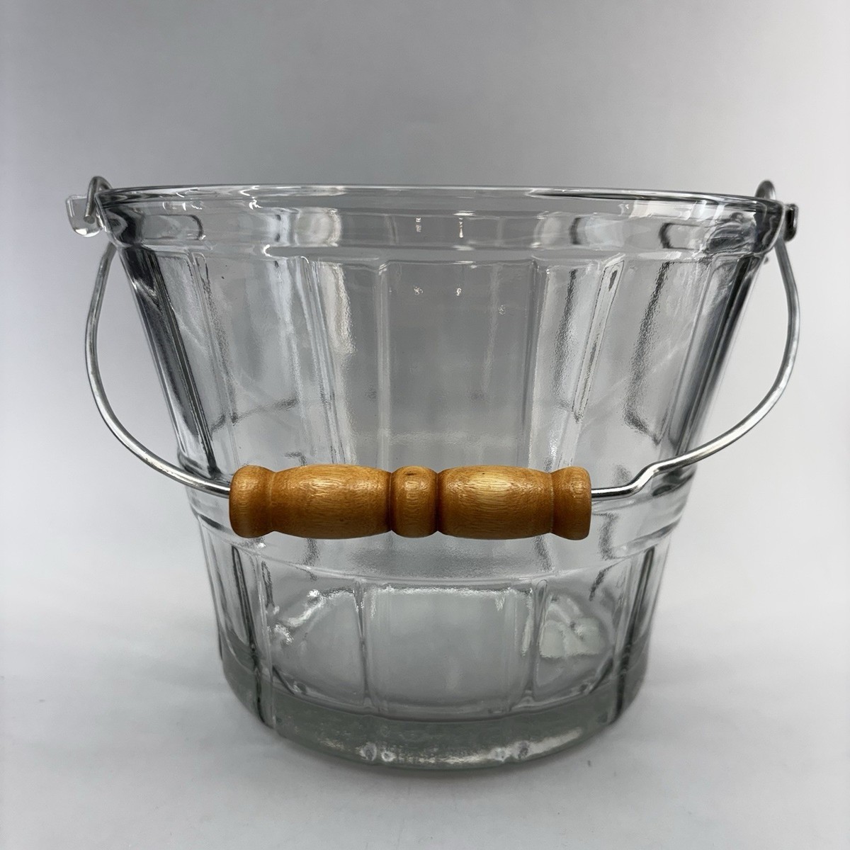New Vintage Anchor Hocking 9” Heavy Glass Pail Wooden Bail Handle