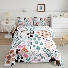 Cute Cat Bedding Set Cartoon Cat Floral Comforter Set Botanical Comforter for...