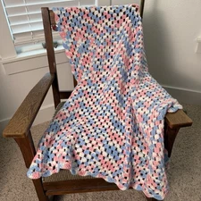 Crocheted Baby Blanket Afghan White Pink Blue Handmade Unisex 41" x 34" Scallop