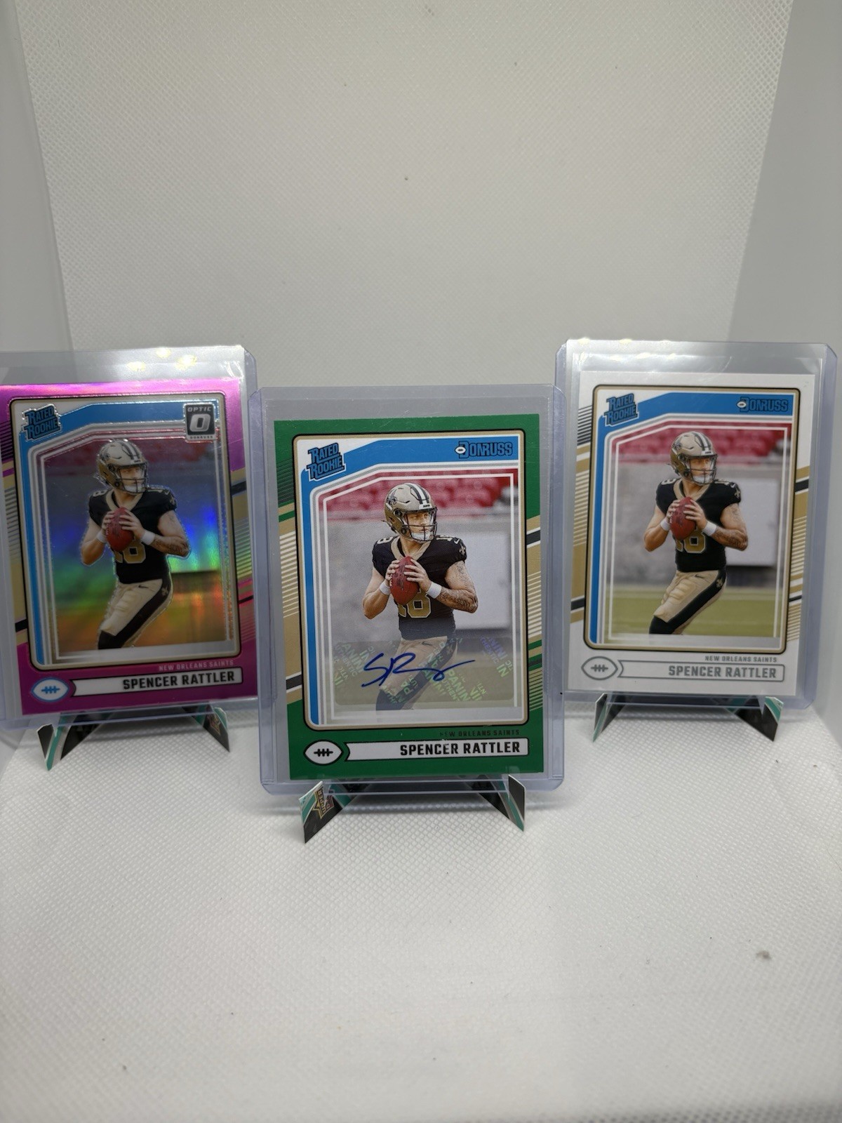 2024 Donruss Spencer Rattler Green Press Proof Rated Rookie Auto + Pink and Base