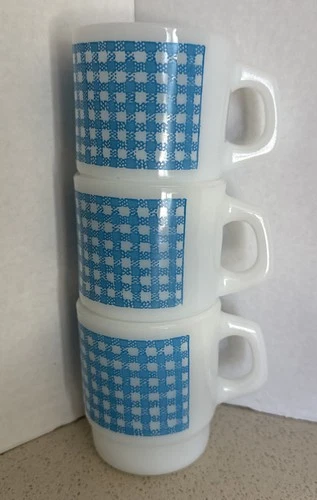 Anchor Hocking Fire King Set Of 3 Mugs Blue Gingham Plaid Design Milk Glass USA