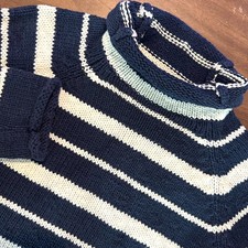 L.L. Bean Roll Neck Fisherman Sweater Navy Blue White Striped Cotton Womens S