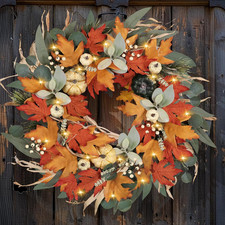 24" Light-Up Fall Wreath with Pumpkins Thanksgiving Home Decor