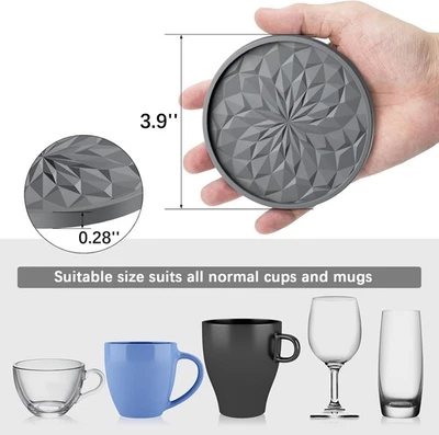 6 Pack Silicone Coasters with Holder Non Slip Cup Mats Thick Deep Tray Grey - Image 1 of 4