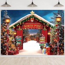 7x5ft Fabric Christmas Backdrop Winter Forest Wooden Barn Door Decorations No...