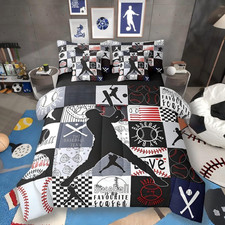 Boys Baseball Comforter Set 7 Piece Twin Bedding, Sports Fan Room Decor
