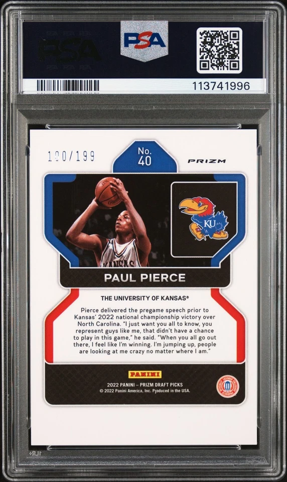 Tarjeta firmada Paul Pierce 2022 Panini Prizm azul #40 clasificación automática PSA 10 100/199 Foto 2 de 2