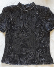 Adrianna Papell Boutique Black Silk Hand Beaded Womens Blouse 1980s