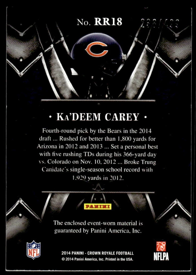2014 PANINI CROWN ROYALE KA'DEEM CAREY RR18 ROOKIE ROYALTY MATERIALS /499 BEARS - Image 2 of 2