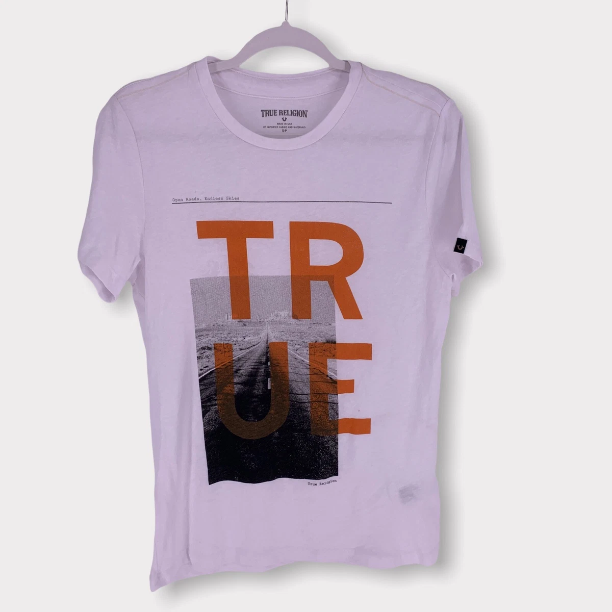 white and orange true religion shirt