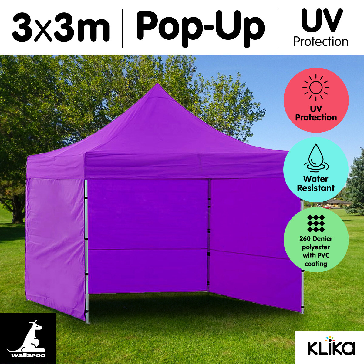 PURPLE 3x3 WALLAROO POPUP OUTDOOR GAZEBO FOLDING TENT PARTY