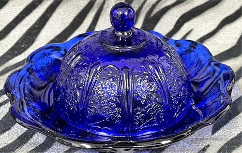 1 Cobalt Cherry Blossom Pressed Glass Individual/Childs Butter Dish w/Dome Lid