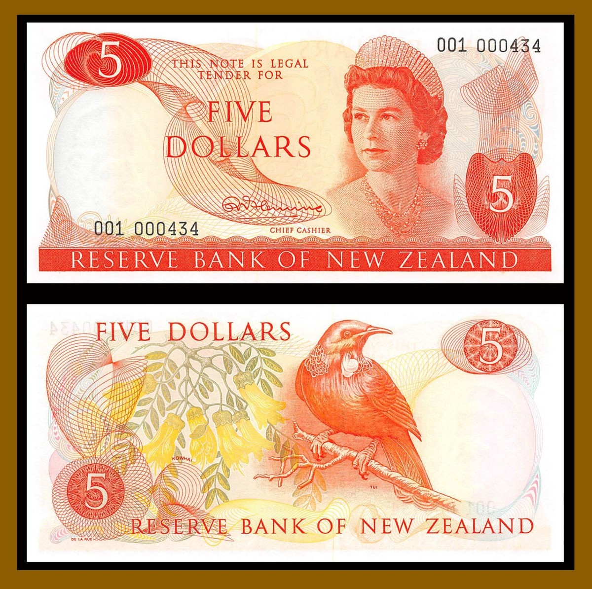 New Zealand 5 Dollars, 1967-1968 P-165a First Prefix 001 Low S/N