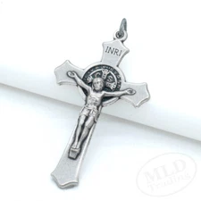 Saint St Benedict Medal Crucifix Cross Pendant, Made In Italy, Silver Zinc Alloy