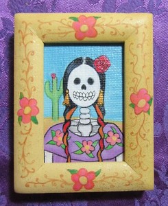 Day of the Dead Style Original Framed Mini Painting with Cactus