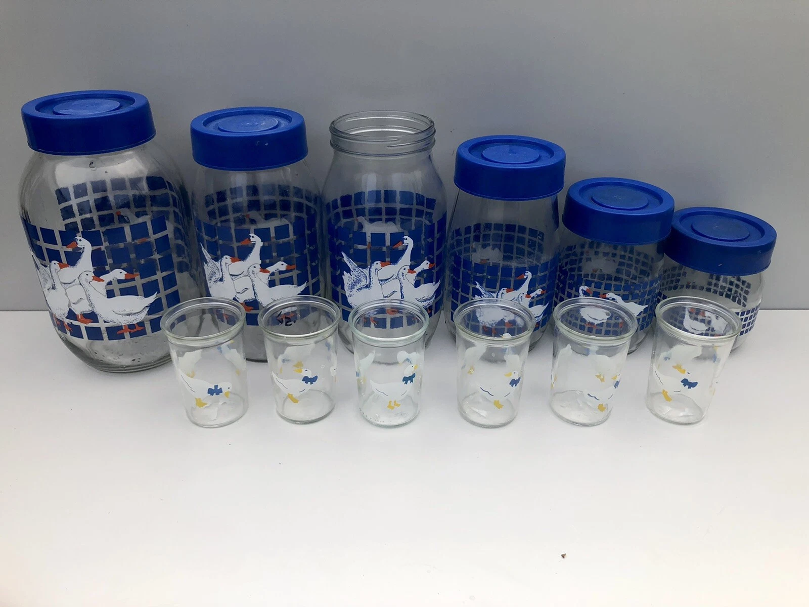 Set (6) CARLTON GLASS Jars (6) Bama Jelly Glasses Geese Ducks 3L 2L 1.5L 1L 3/4L